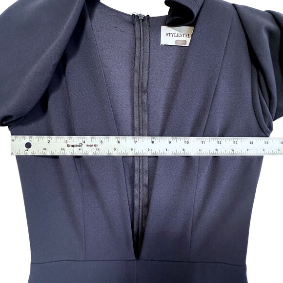 STYLESTALKER Nova Navy Jumpsuit Long-Sleeve Deep Plunge V-Neck Size Small 70s - Picture 12 of 14